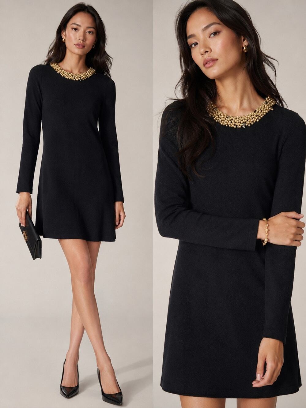 Milly Vintage 100% Merino Wool Knit Sweater Dress Pearl-Beaded Collar, Lg